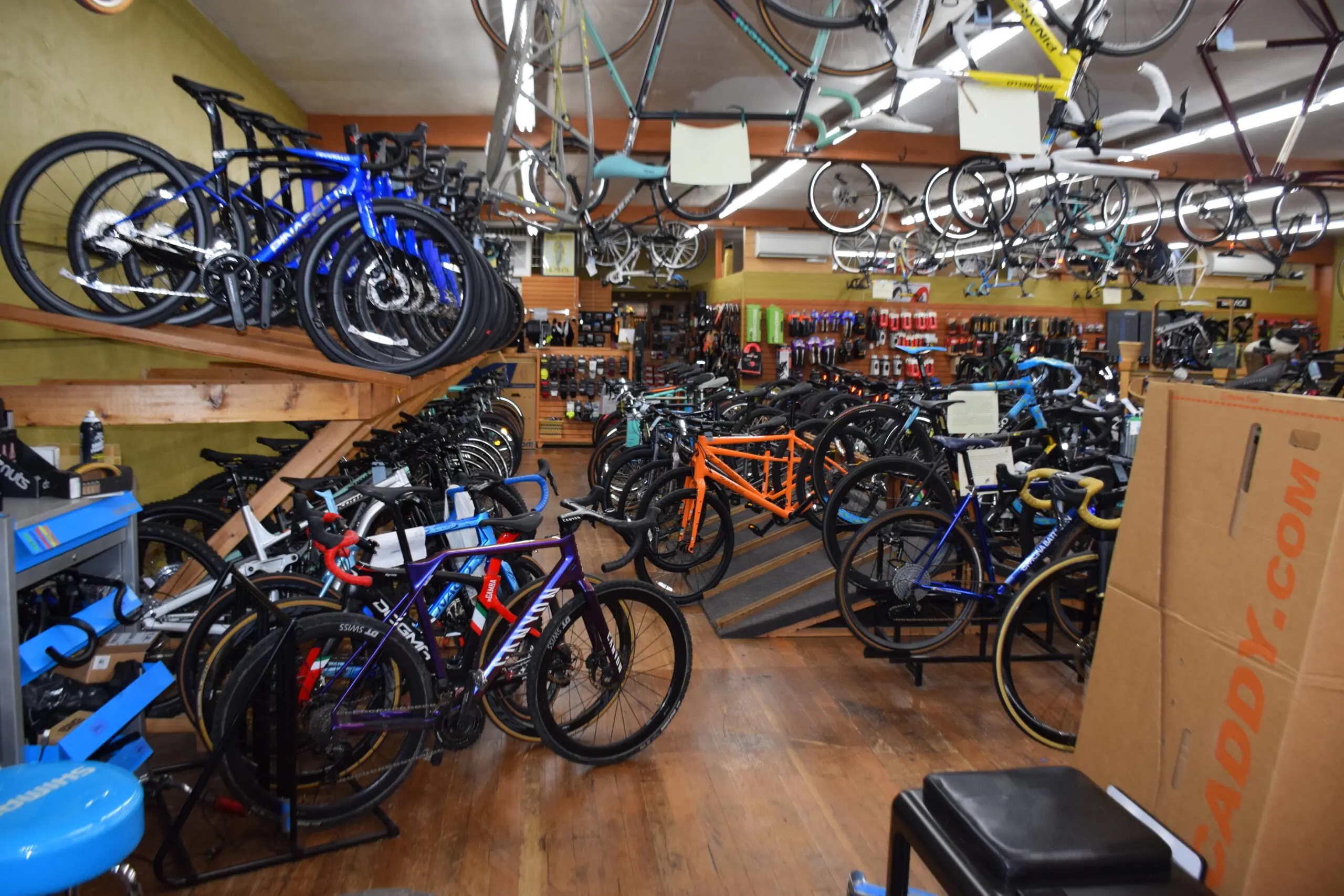Zoomed out photo of the sales floor of Lakeside Bicycles, a bike shop in Oswego Oregon