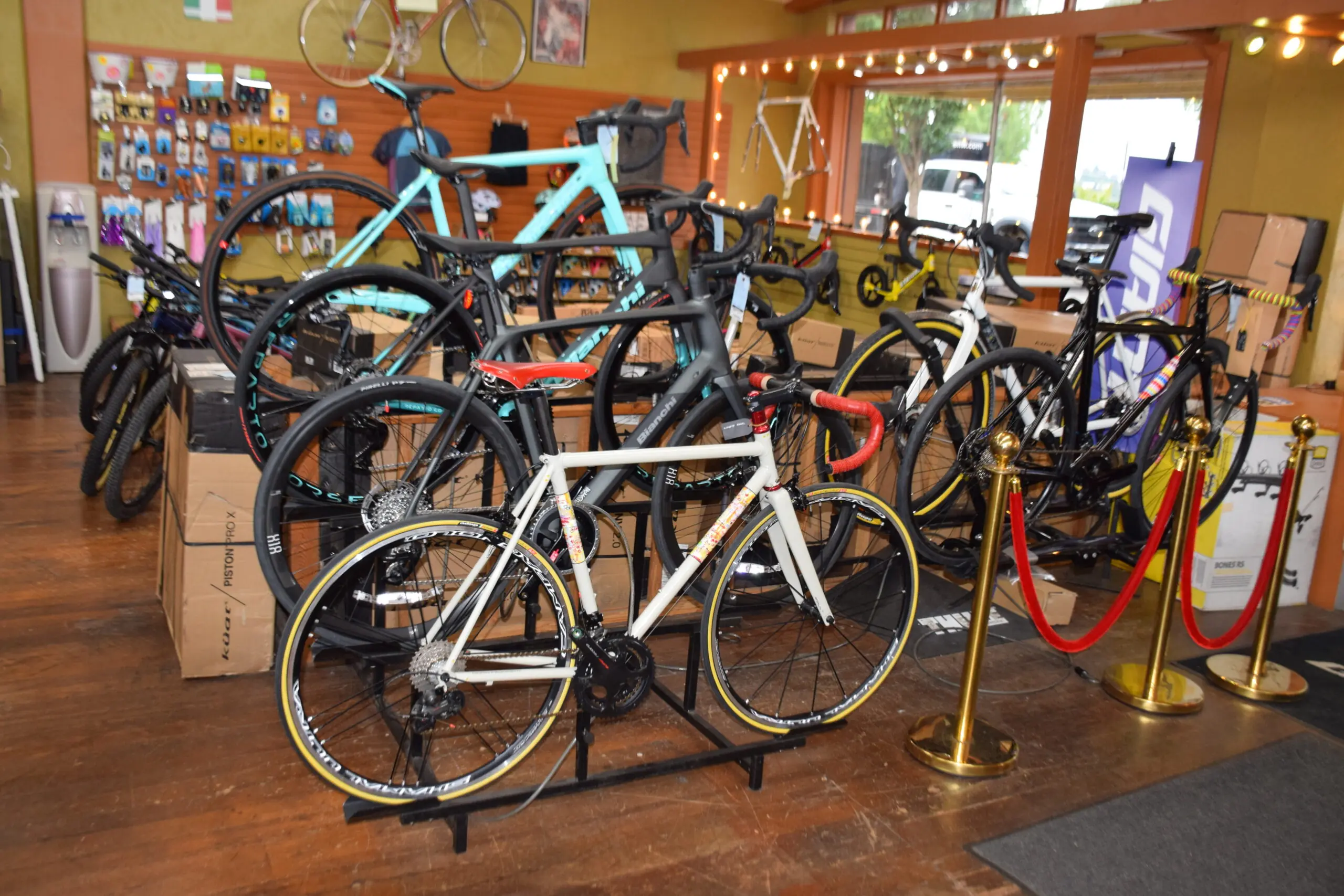 Photo of the front entrance of Lakeside Bicycles in Oswego with a variety of italian bikes on display, including a pegoretti and three blianchis